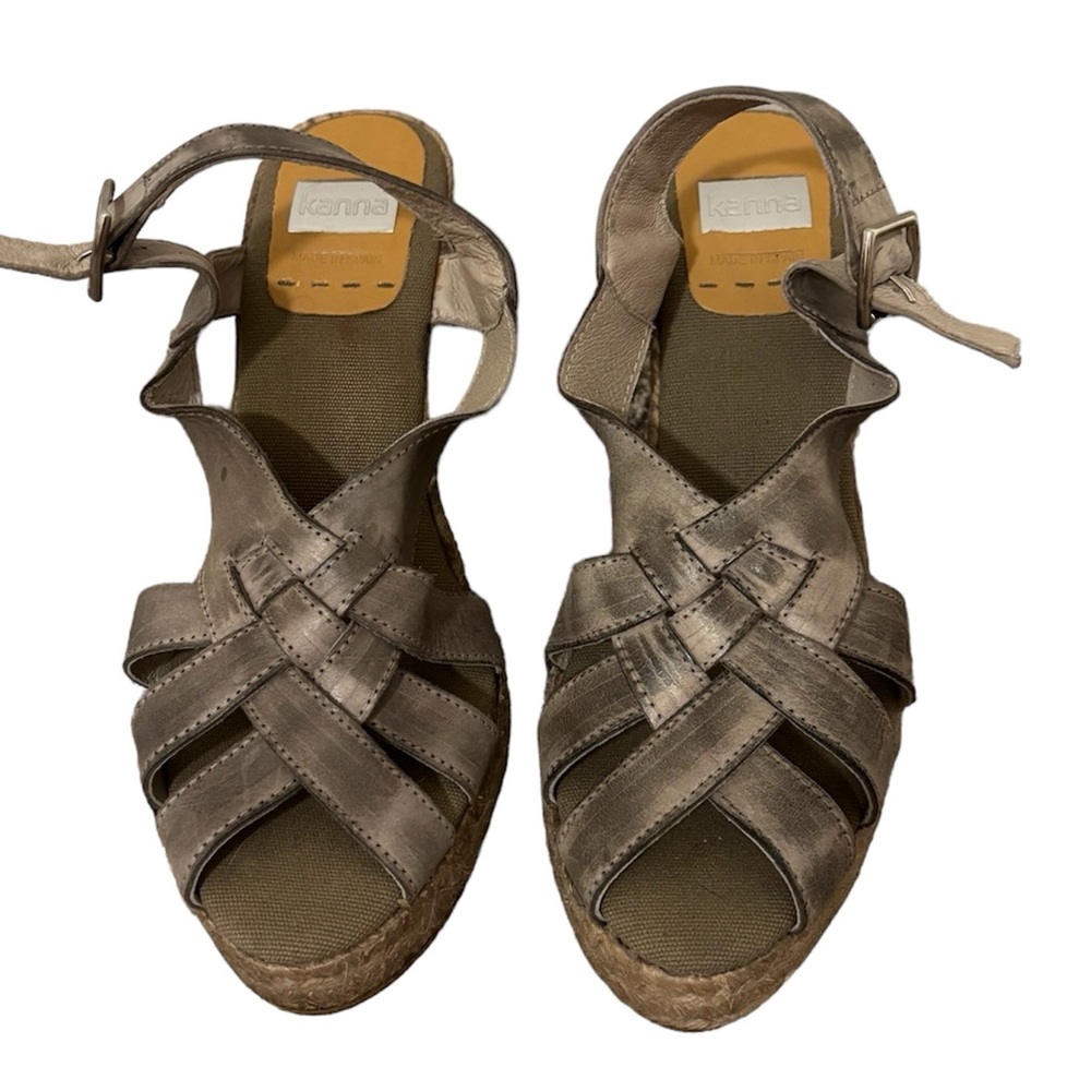 Kanna Shoes 41 (9.5) Taupe Sandal Strappy Espadrilles Slingback Wedge Heel Spain